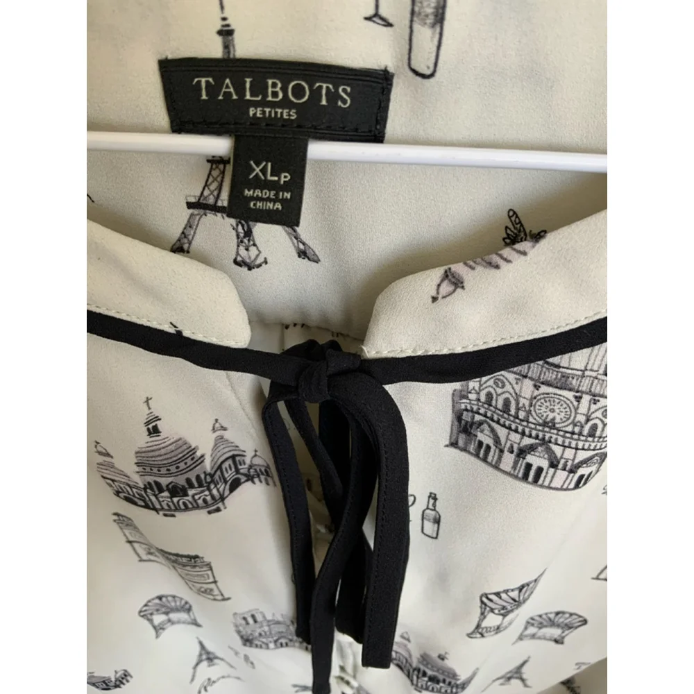 Talbots Women's Paris Print Blouse Off White Black XLP - Picture 3 of 5